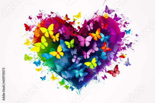 Rainbow color heart made of various butterflies in a comic bool style illustration isolated on white background. LGBTQ and love concept. Digital illustration generative AI. photo