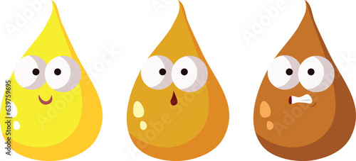 Different Urine Colors Based on Dehydration Degree Vector Cartoon illustration. Funny medical drawing of pee drops with different level of hydration
