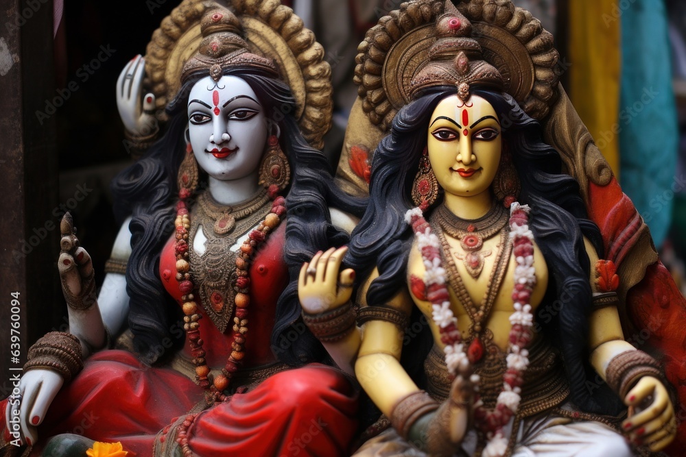 Lord Shiva and his wife Parvati, statues of Hindu gods, Kathmandu, Nepal, Generative AI - obrazy, fototapety, plakaty 