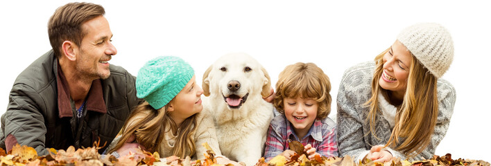 Digital png photo of caucasian family with dog on fall leaves on transparent background