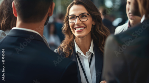 Businesswoman in a suit and eyeglasses smiles to business partners