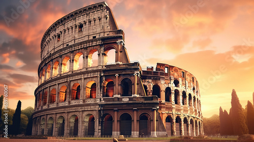 Rome, Italy. The Colosseum or Coliseum at sunrise generative ai