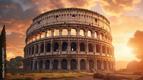 Rome, Italy. The Colosseum or Coliseum at sunrise generative ai