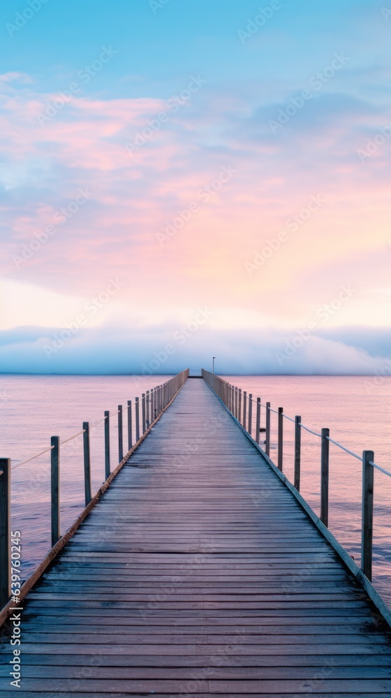 A lone wooden pier stretching into the distance into calm water under muted sunrise and mist. 