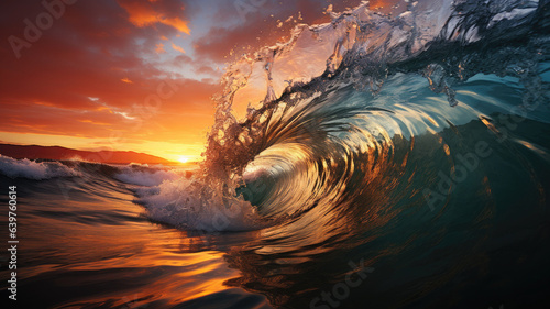 Rough colored ocean wave falling down at sunset time,genearative ai © JKLoma