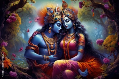 Divine love story of Hindu gods Radha and Krishna through a contemporary art, Generative AI