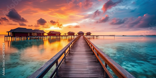 Sunset on Maldives island, luxury water villas resort and wooden pier. Beautiful sky and clouds