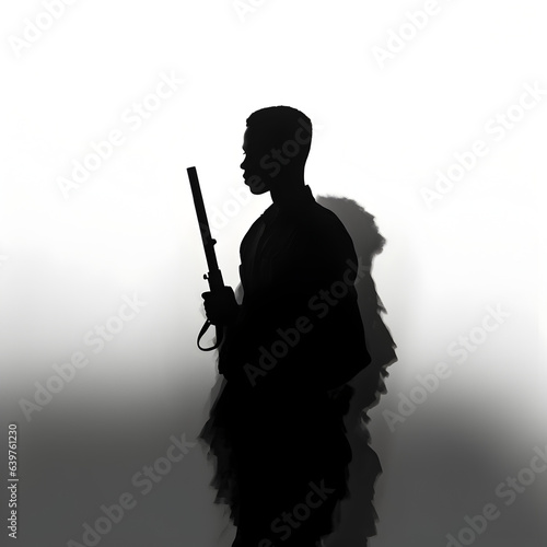 Silhouette of a person black and white simples with armaments soldier.