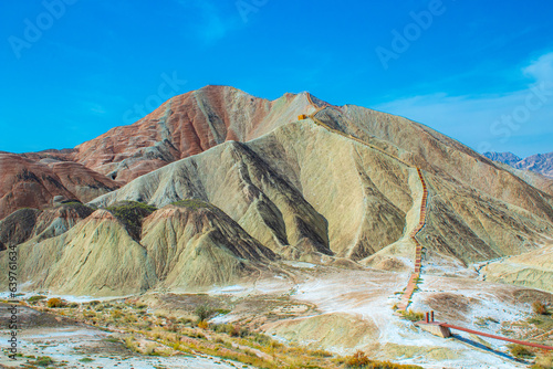 Walking path through Rainbow mountains in Zhangye Danxia National Geopark, Gansu Province, China. Blue sky with copy space