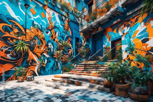  an energetic 3D rendering scene of a wall painting showcasing dynamic urban street art. © Ahtesham