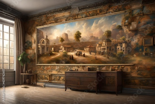  a detailed 3D rendering scene of a wall painting depicting scenes from a historical era.