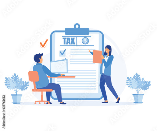 Tax planning concept. Characters using the tax calendar to fill in the tax declaration form online and with the financial adviser. flat vector modern illustration