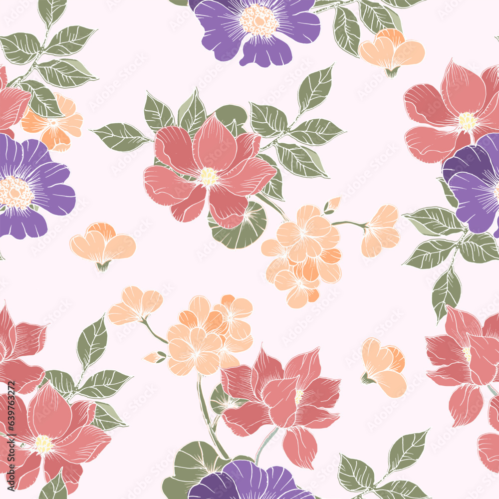 Hand Drawn Anemone and Magnolia Flower Seamless Pattern