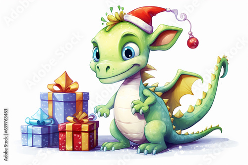 Funny cute dragon with christmas gifts