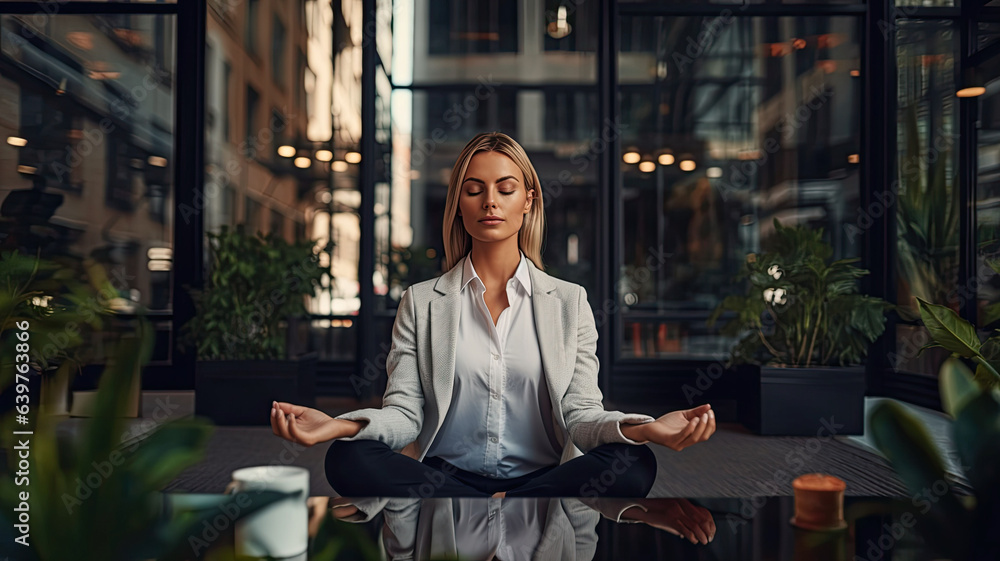Young business woman is meditating to relieve stress of busy corporate life Young business woman is meditating to relieve stress of busy corporate life