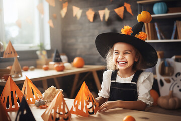 Happy laughing girl making paper halloween pumkin in classroom