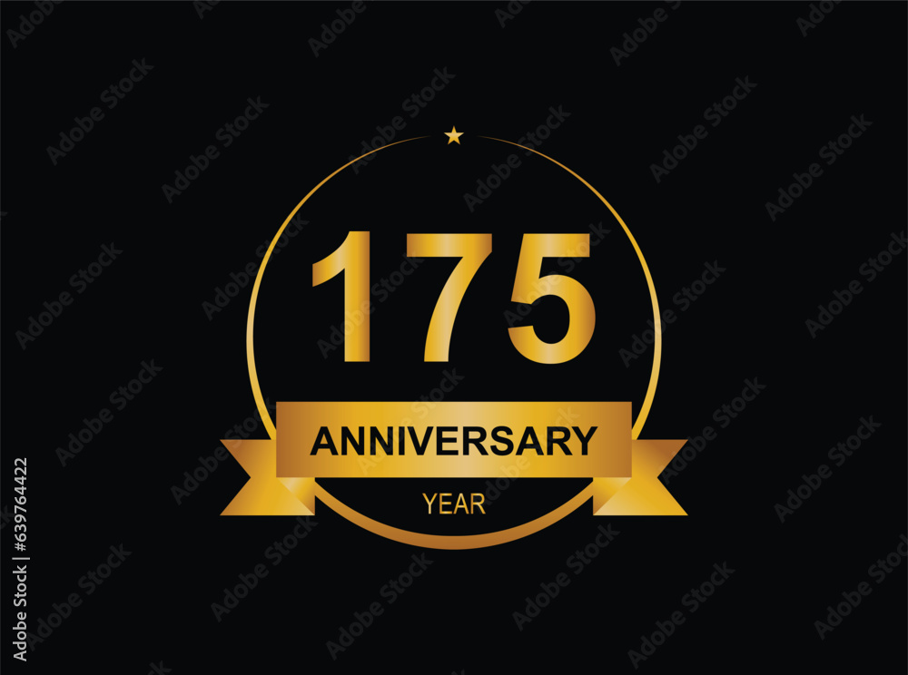 175th golden anniversary logo with ring and ribbon, laurel wreath vector design isolated on black background. 175th golden anniversary logo with ring and ribbon, laurel wreath vector design isolated on black background.