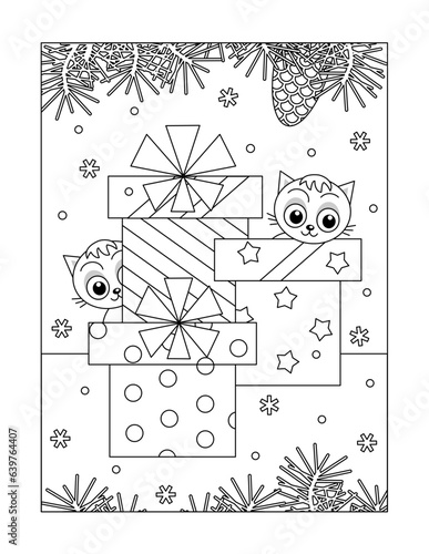 Winter holidays, New Year or Christmas joy coloring page with three gift  boxes and two kittens
