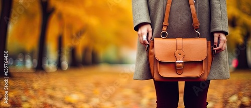 close-up woman's handbag hanging from her shoulder, her autumnal fashion ensemble softly defocused photo