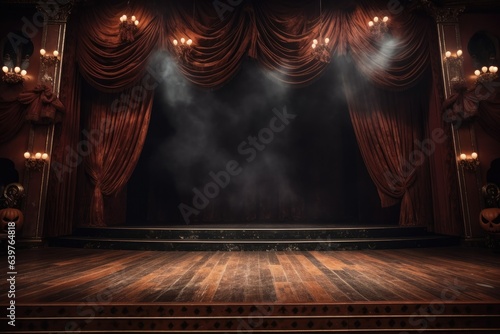Empty scary stage with red curtains decorate with halloween theme. copy space. Generative AI