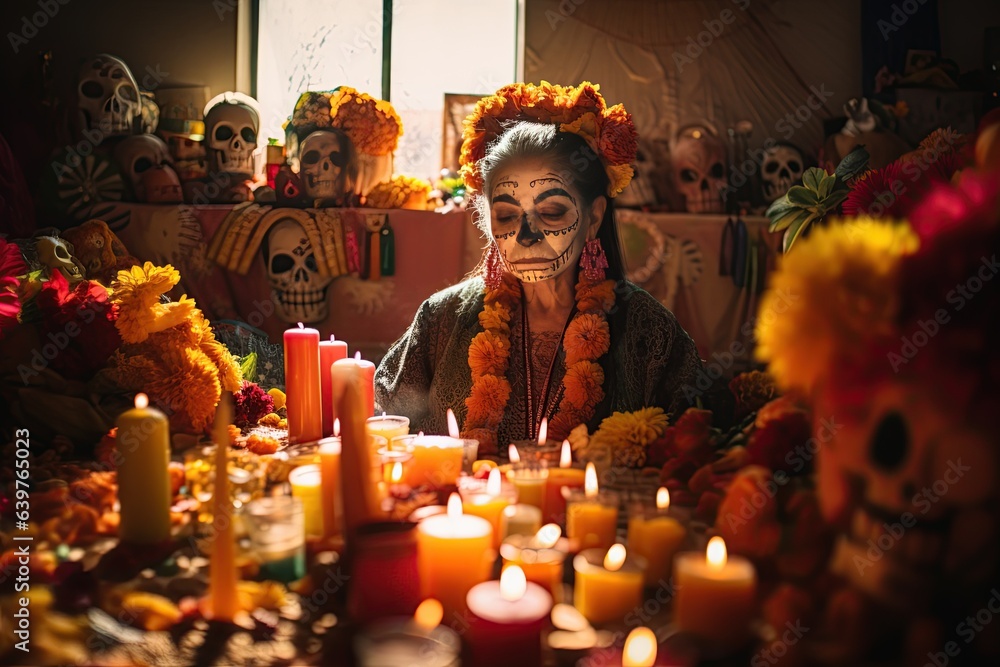 vibrant celebration of the Day of the Dead, families gather to honor and remember their departed loved ones. Elaborate altars,Generated with AI - obrazy, fototapety, plakaty 