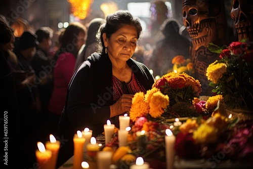 vibrant celebration of the Day of the Dead, families gather to honor and remember their departed loved ones. Elaborate altars,Generated with AI