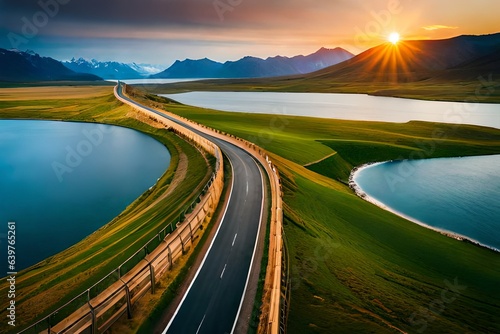road in mountains and green landscape at sunrise generated by AI tool