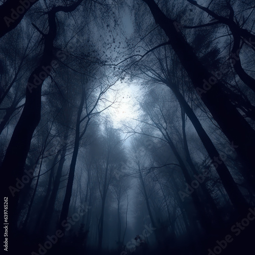 In a misty forest a ray of moonlight breaks through 