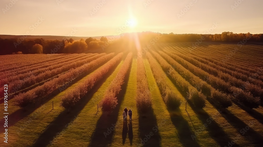 An aerial view of an idyllic apple orchard at sunset, with rows of trees casting long shadows on the ground An aerial view of an idyllic apple orchard at sunset, with rows of trees casting long shadows on the ground