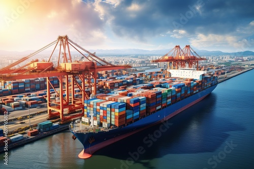 world of shipping transports. Depict a bustling port with cargo ships of various sizes and types, loading and unloading goods by cranes.Generated with AI