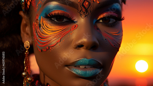 portrait of a woman with makeup, portrait of a woman in carnival mask, A striking portrait of a confident black woman wearing elaborate makeup, her eyes adorned with vibrant eyeshadow.