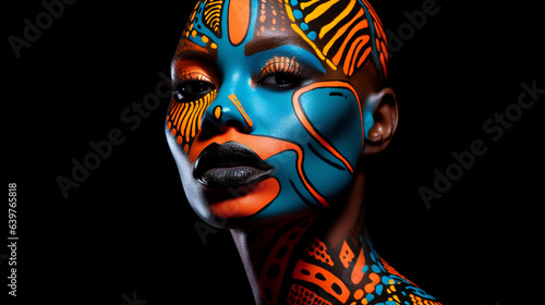 portrait of a woman in carnival mask, A striking portrait of a confident black woman wearing elaborate makeup, her eyes adorned with vibrant eyeshadow that matches the colors of a tropical sunset