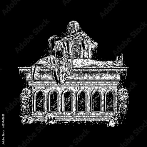 death metal grim reaper ghost illustration. ink drawing, tattoo style, line art, t-shirt design