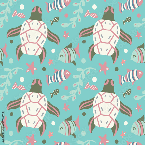 Cute turtle and fish. Seamless vector pattern for kids in flat style. Print with the underwater world, sea and ocean. Background for nursery, wallpaper, fabric, textile. Turquoise, pink, green color