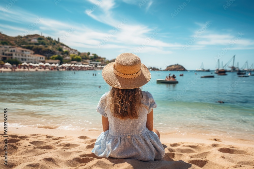 Girl tourist enjoying the sea. trip and journey concept. Generative AI Girl tourist enjoying the sea. trip and journey concept. Generative AI