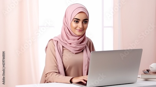 beautiful businesswoman hijab using laptop