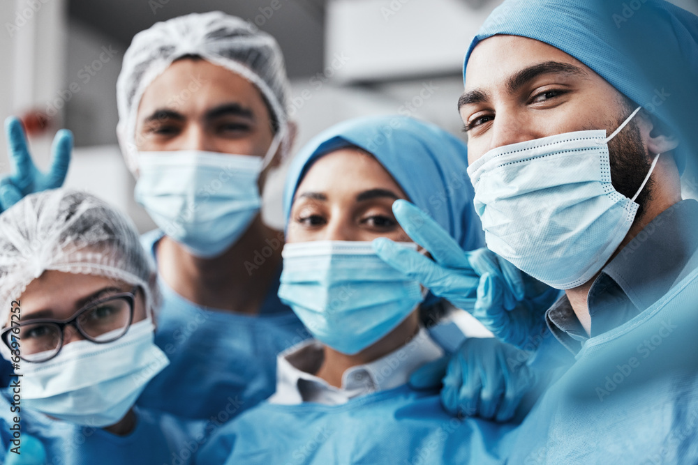 Healthcare, teamwork and surgery, selfie in operating room in medical emergency at hospital. Face of doctor, nurses and surgical team taking picture in operation with ppe, face mask and scrubs. Healthcare, teamwork and surgery, selfie in operating room in medical emergency at hospital. Face of doctor, nurses and surgical team taking picture in operation with ppe, face mask and scrubs.