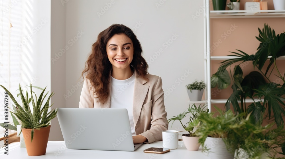 Smiling businesswoman working with laptop on her desk in office Smiling businesswoman working with laptop on her desk in office