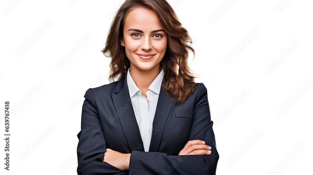 A confident businesswoman in a suit smiles with her arms crossed, projecting success A confident businesswoman in a suit smiles with her arms crossed, projecting success