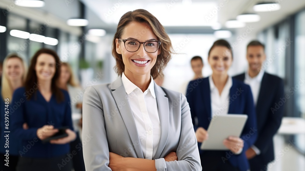 Smiling Professional Businesswoman Leading Corporate Team in Office Meeting Smiling Professional Businesswoman Leading Corporate Team in Office Meeting