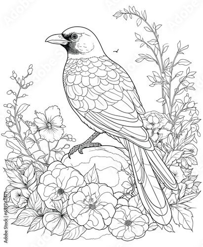 Magpie Birds flowers coloring pages for kids © Farida