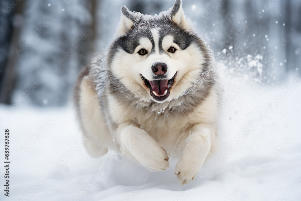 Alaskan malamute running happy in the snow Alaskan malamute running happy in the snow