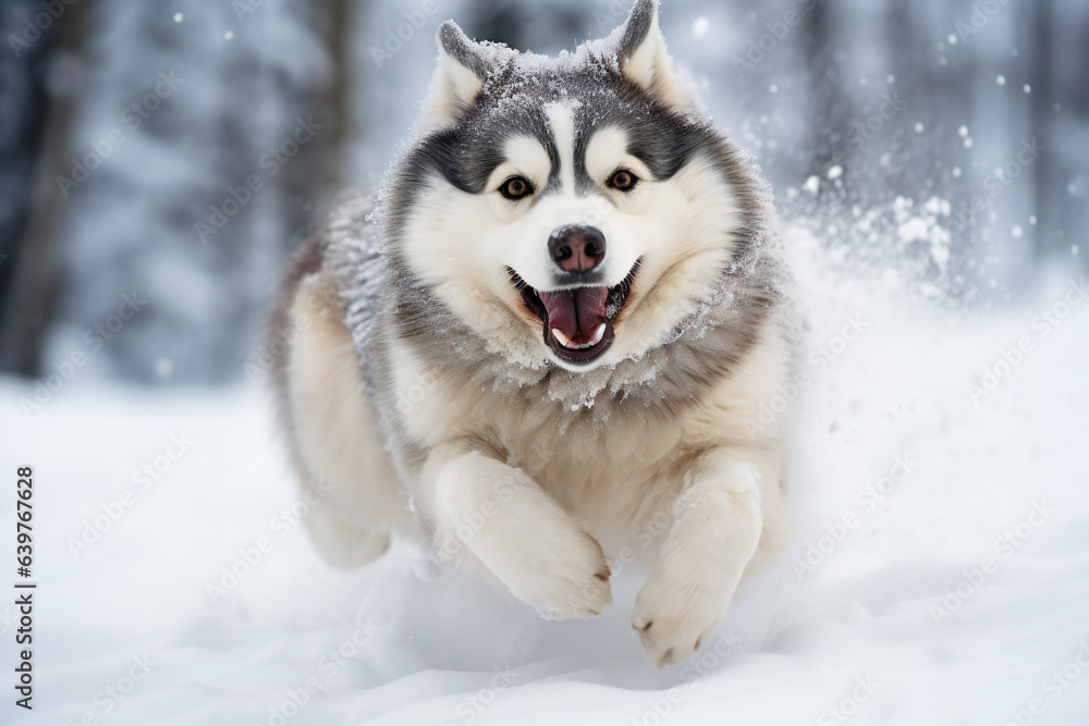 Alaskan malamute running happy in the snow