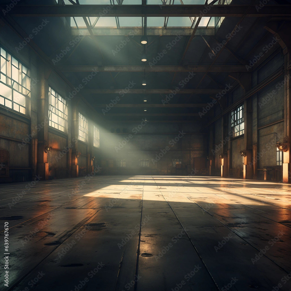 A Dramatically Lit Vacant Warehouse Mock-Up