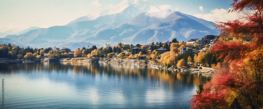 Mountain and lake landscape in autumn, with beautiful colored trees