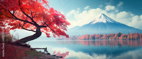 Mountain and lake landscape in autumn, with beautiful colored trees