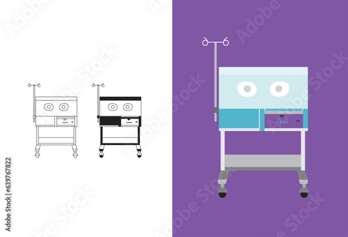 baby incubator box icon illustration, there are 3 design variants. line, black and white, and color. You can use this icon for various design needs