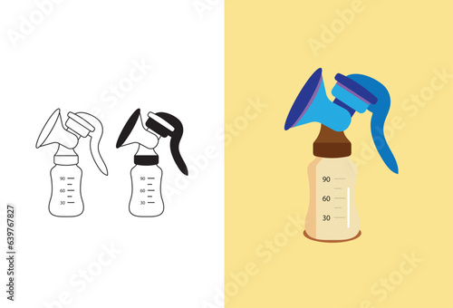 a linear logo of a breast pump, depicting a simple illustration of the device used for manual pumping of breast milk. The icon represents lactation and motherhood,