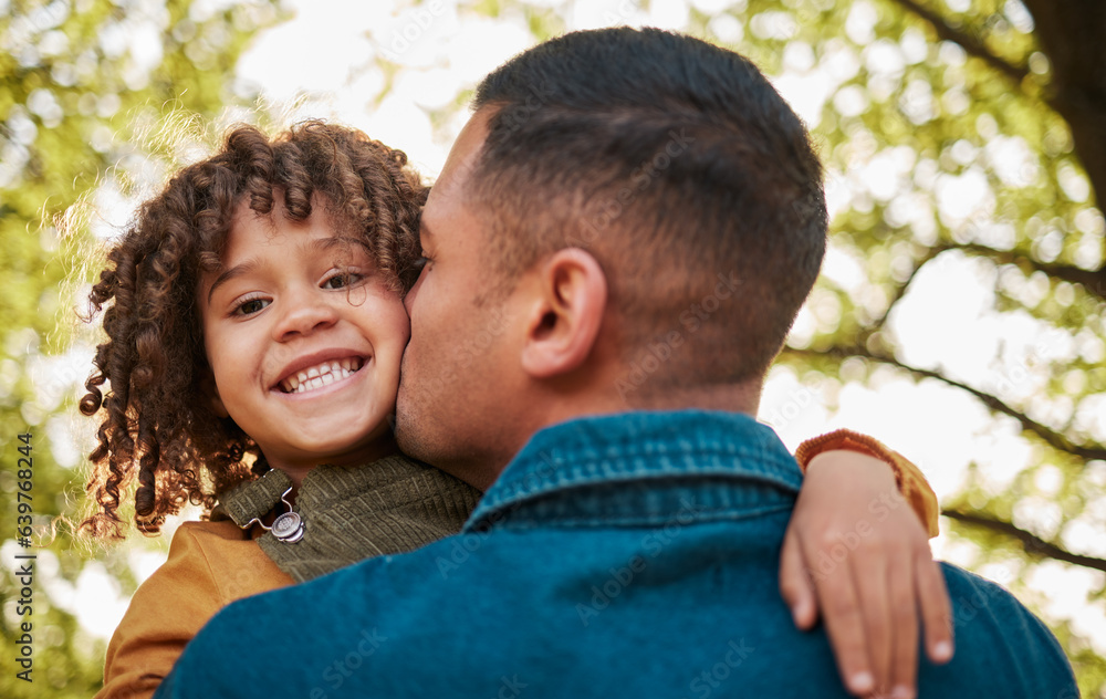 Kiss, portrait and a child and father in nature with a hug for playing, bonding or family. Happy, together and a young dad with care, love and carrying a girl kid in a park for outdoor walking Kiss, portrait and a child and father in nature with a hug for playing, bonding or family. Happy, together and a young dad with care, love and carrying a girl kid in a park for outdoor walking