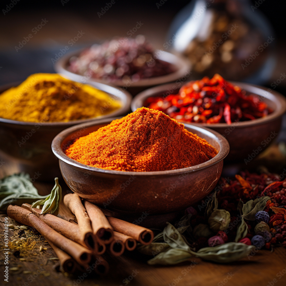 Fototapeta premium spices in a bowl, spices and herbs on wooden table, Stockphoto of spices